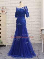 Half Sleeves Tulle Zipper Prom Dresses in Royal Blue with Lace and Appliques