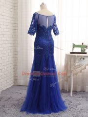 Half Sleeves Tulle Zipper Prom Dresses in Royal Blue with Lace and Appliques
