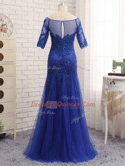 Half Sleeves Tulle Zipper Prom Dresses in Royal Blue with Lace and Appliques
