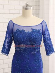 Half Sleeves Tulle Zipper Prom Dresses in Royal Blue with Lace and Appliques