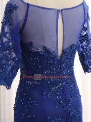 Half Sleeves Tulle Zipper Prom Dresses in Royal Blue with Lace and Appliques
