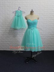 Dramatic Aqua Blue Sleeveless Mini Length Beading Lace Up Prom Gown