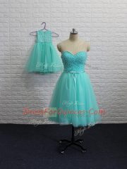 Dramatic Aqua Blue Sleeveless Mini Length Beading Lace Up Prom Gown