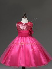 Delicate Hot Pink Ball Gowns Tulle Scoop Sleeveless Sequins and Hand Made Flower Knee Length Zipper Flower Girl Dresses