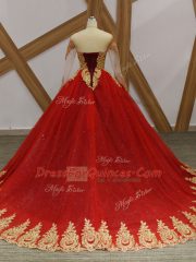 Nice Wine Red Vestidos de Quinceanera Military Ball and Sweet 16 and Quinceanera with Beading and Appliques Scoop Long Sleeves Court Train Lace Up