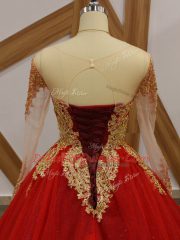 Nice Wine Red Vestidos de Quinceanera Military Ball and Sweet 16 and Quinceanera with Beading and Appliques Scoop Long Sleeves Court Train Lace Up