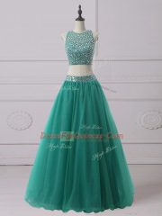 Pretty Green Scoop Neckline Beading Prom Gown Sleeveless Zipper