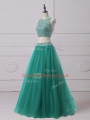 Pretty Green Scoop Neckline Beading Prom Gown Sleeveless Zipper