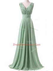 V-neck Sleeveless Lace Up Quinceanera Court of Honor Dress Apple Green Chiffon