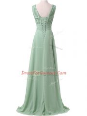 V-neck Sleeveless Lace Up Quinceanera Court of Honor Dress Apple Green Chiffon