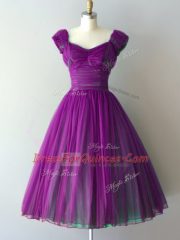V-neck Cap Sleeves Quinceanera Court Dresses Knee Length Ruching Purple Chiffon