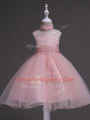 Baby Pink Ball Gowns Organza Scoop Sleeveless Beading and Lace Knee Length Zipper Pageant Gowns For Girls
