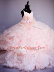 Baby Pink Ball Gowns Tulle Spaghetti Straps Sleeveless Ruffles and Hand Made Flower Criss Cross Little Girl Pageant Dress Brush Train