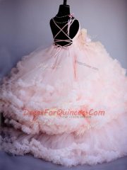Baby Pink Ball Gowns Tulle Spaghetti Straps Sleeveless Ruffles and Hand Made Flower Criss Cross Little Girl Pageant Dress Brush Train