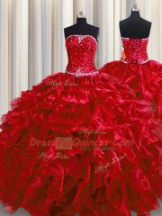 Delicate Wine Red Sleeveless Organza Lace Up Quinceanera Dress for Military Ball and Sweet 16 and Quinceanera