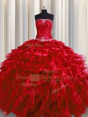 Delicate Wine Red Sleeveless Organza Lace Up Quinceanera Dress for Military Ball and Sweet 16 and Quinceanera