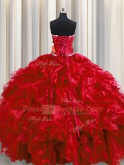 Delicate Wine Red Sleeveless Organza Lace Up Quinceanera Dress for Military Ball and Sweet 16 and Quinceanera