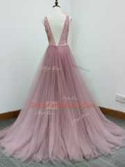 Pink Zipper Quinceanera Court of Honor Dress Beading and Belt Sleeveless Brush Train