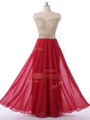 Fantastic Red Empire Scoop Sleeveless Chiffon Floor Length Zipper Beading Prom Party Dress