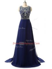 Scoop Sleeveless Brush Train Zipper Evening Dress Navy Blue Chiffon