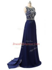 Scoop Sleeveless Brush Train Zipper Evening Dress Navy Blue Chiffon