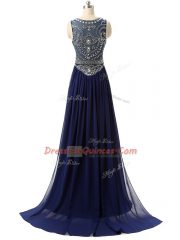 Scoop Sleeveless Brush Train Zipper Evening Dress Navy Blue Chiffon