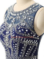 Scoop Sleeveless Brush Train Zipper Evening Dress Navy Blue Chiffon