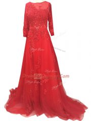 Bateau Long Sleeves Brush Train Zipper Prom Dresses Red Tulle