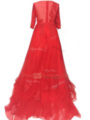 Bateau Long Sleeves Brush Train Zipper Prom Dresses Red Tulle