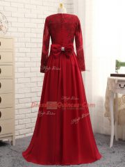 Wine Red Chiffon Zipper Long Sleeves Floor Length Lace and Appliques