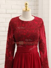 Wine Red Chiffon Zipper Long Sleeves Floor Length Lace and Appliques