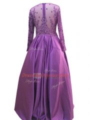 Modern Purple Taffeta Zipper Scoop Long Sleeves Floor Length Prom Dress Beading and Lace and Appliques