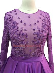 Modern Purple Taffeta Zipper Scoop Long Sleeves Floor Length Prom Dress Beading and Lace and Appliques
