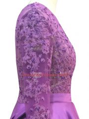 Modern Purple Taffeta Zipper Scoop Long Sleeves Floor Length Prom Dress Beading and Lace and Appliques