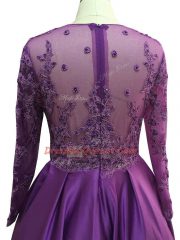 Modern Purple Taffeta Zipper Scoop Long Sleeves Floor Length Prom Dress Beading and Lace and Appliques