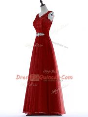 Short Sleeves Zipper Floor Length Beading and Lace Dress for Prom