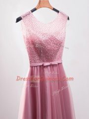 Pink Sleeveless Beading and Belt Zipper Prom Evening Gown