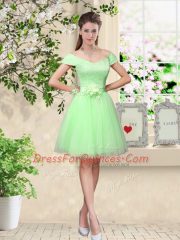 Apple Green A-line Lace and Belt Dama Dress for Quinceanera Lace Up Tulle Cap Sleeves Knee Length