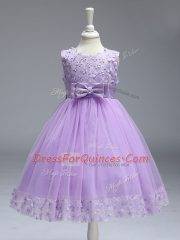 Dazzling Lavender Scoop Zipper Lace and Bowknot Girls Pageant Dresses Sleeveless