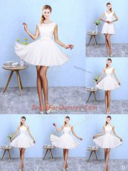 Classical White Chiffon Lace Up Quinceanera Dama Dress Sleeveless Knee Length Lace and Appliques