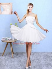 Classical White Chiffon Lace Up Quinceanera Dama Dress Sleeveless Knee Length Lace and Appliques
