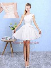 Classical White Chiffon Lace Up Quinceanera Dama Dress Sleeveless Knee Length Lace and Appliques