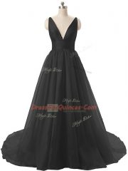 Black Backless Prom Dress Ruching Sleeveless Sweep Train