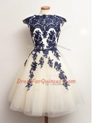 Adorable Blue And White Sleeveless Mini Length Appliques Lace Up Court Dresses for Sweet 16