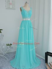 Aqua Blue Side Zipper Scoop Beading and Lace Damas Dress Chiffon Sleeveless Sweep Train