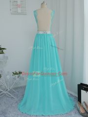 Aqua Blue Side Zipper Scoop Beading and Lace Damas Dress Chiffon Sleeveless Sweep Train