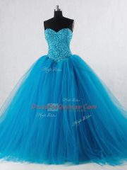 Sleeveless Floor Length Beading Lace Up Quinceanera Dresses with Baby Blue
