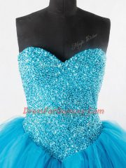 Sleeveless Floor Length Beading Lace Up Quinceanera Dresses with Baby Blue