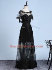 Graceful Black Short Sleeves Tulle Backless Evening Dress for Prom and Party and Sweet 16