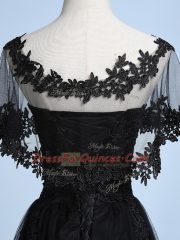 Graceful Black Short Sleeves Tulle Backless Evening Dress for Prom and Party and Sweet 16